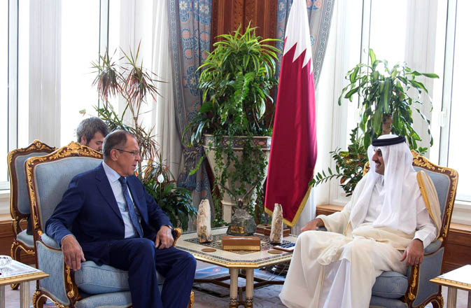 Emir of Qatar Sheikh Tamim Bin Hamad Al Thani meets with Russia's Foreign Minister Sergey Lavrov in Doha, Qatar, on Wednesday (Reuters photo)